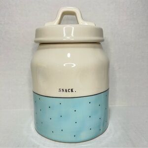 Rae Dunn SNACK Blue Polka Dot Canister Blue Accent with Black Polka Dots